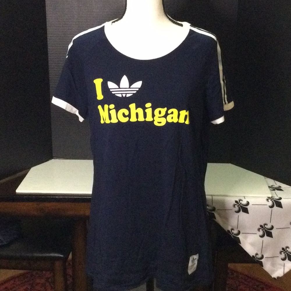 Adidas Blue Short Sleeved Crewneck Tee w/White Ringers - I Love Michigan